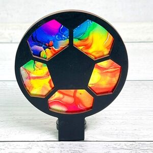 Soccer Ball Rainbow Alcohol Ink Night Light Plug In Black Sports Decor Handmade